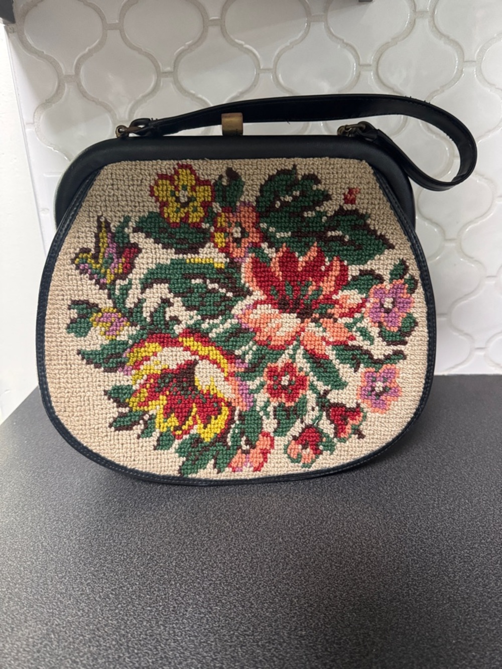 Vintage Garay Floral Needlepoint Shoulder Bag in Multicolor